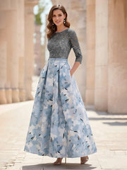 A-Line/Princess Scoop Satin Mother of the Bride Dresses Lace Ankle-Length Half Sleeves Printed Flower