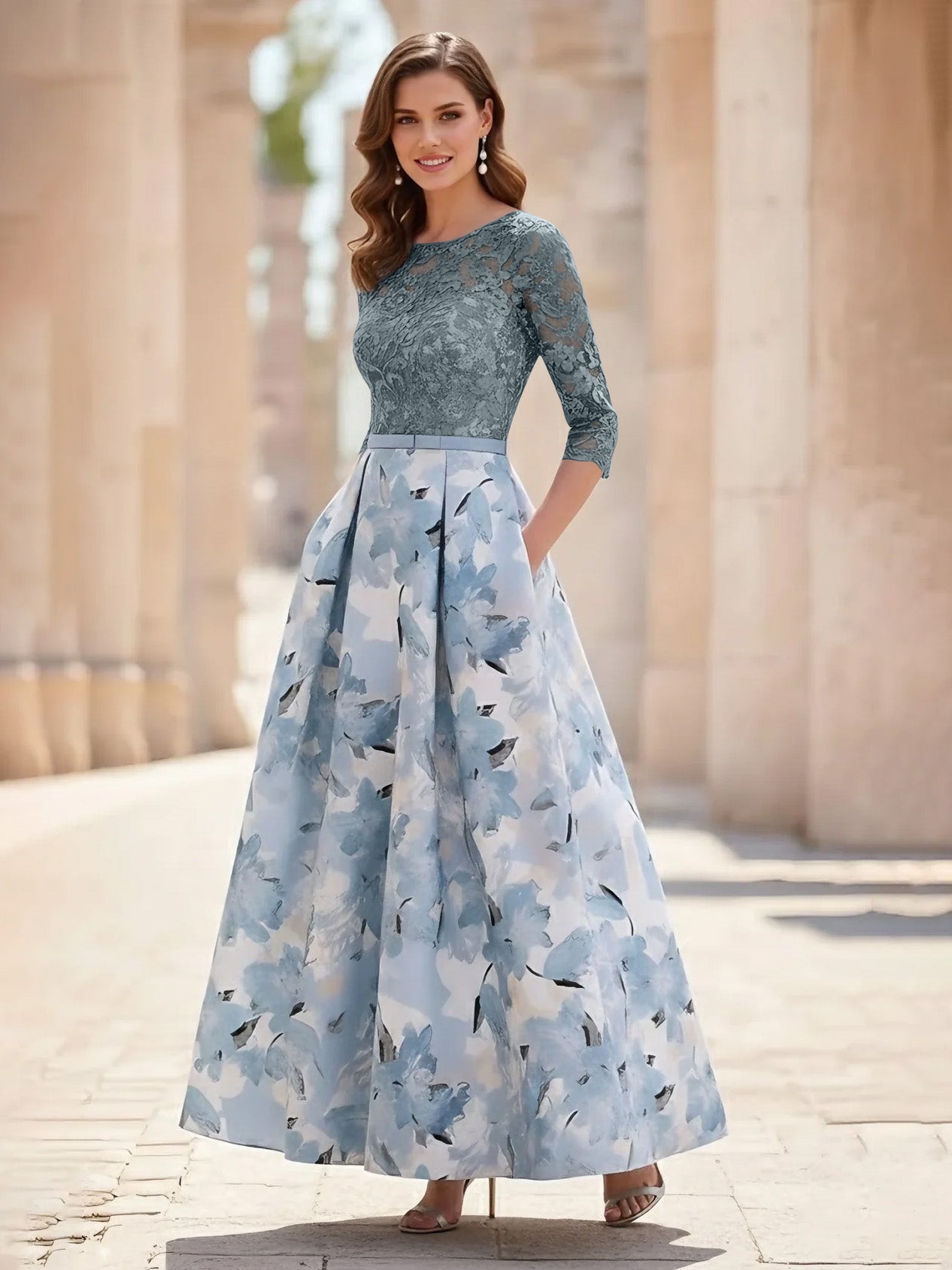 A Line Princess Scoop Satin Mother Of The Bride Dresses Lace Ankle Length Half Sleeves Printed Flower