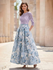 A Line Princess Scoop Satin Mother Of The Bride Dresses Lace Ankle Length Half Sleeves Printed Flower
