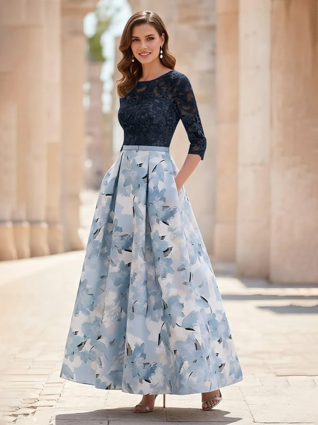 A Line Princess Scoop Satin Mother Of The Bride Dresses Lace Ankle Length Half Sleeves Printed Flower