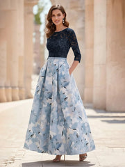 A Line Princess Scoop Satin Mother Of The Bride Dresses Lace Ankle Length Half Sleeves Printed Flower