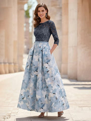 A-Line/Princess Scoop Satin Mother of the Bride Dresses Lace Ankle-Length Half Sleeves Printed Flower