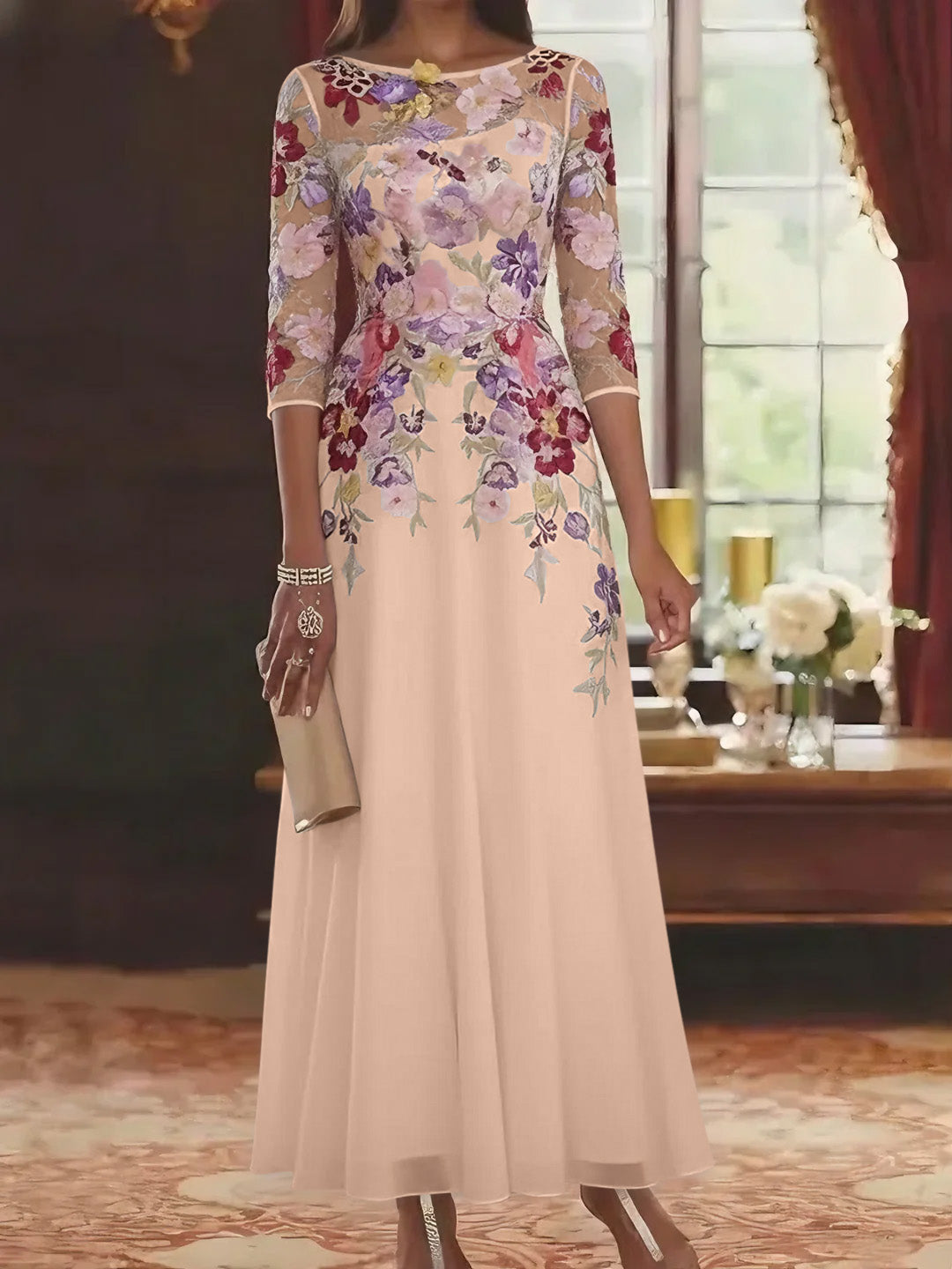 A Line Princess Scoop Chiffon Mother Of The Bride Dresses Lace Floral Half Sleeves Ankle Length
