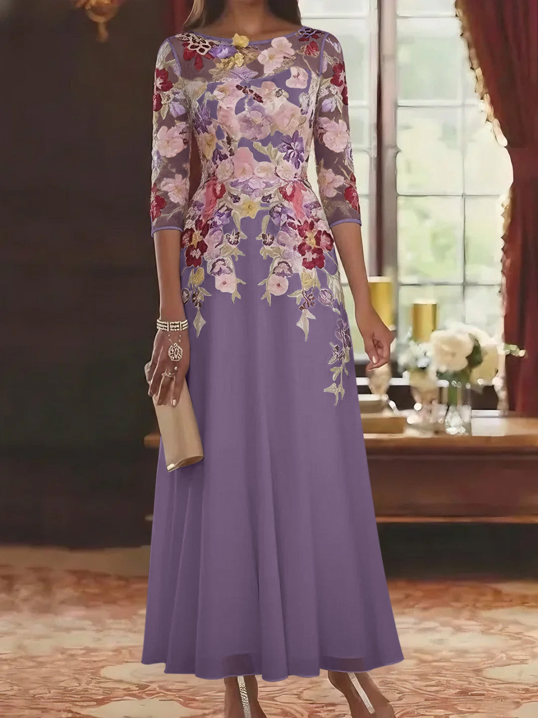 A Line Princess Scoop Chiffon Mother Of The Bride Dresses Lace Floral Half Sleeves Ankle Length