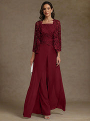 3 Pieces Square Collar Chiffon Mother of the Bride Pantsuits with Jacket Lace Ankle-Length with Overskirt 3/4 Sleeves