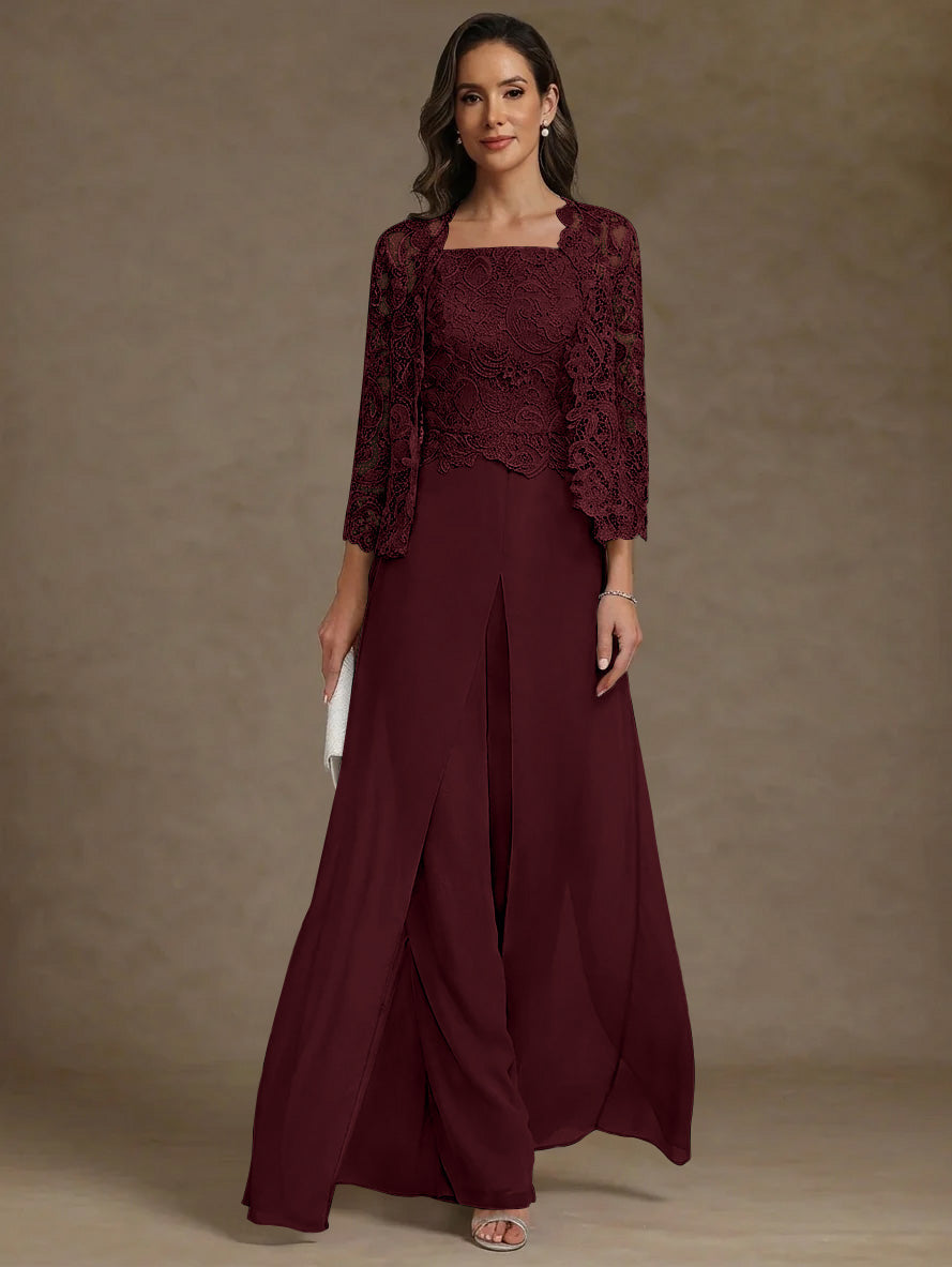 3 Pieces Square Collar Chiffon Mother Of The Bride Pantsuits With Jacket Lace Ankle Length With Overskirt 3 4 Sleeves