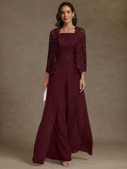 3 Pieces Square Collar Chiffon Mother Of The Bride Pantsuits With Jacket Lace Ankle Length With Overskirt 3 4 Sleeves