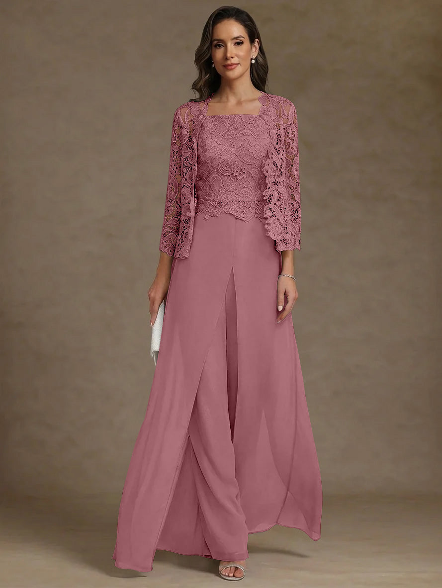 3 Pieces Square Collar Chiffon Mother Of The Bride Pantsuits With Jacket Lace Ankle Length With Overskirt 3 4 Sleeves
