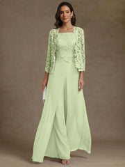 3 Pieces Square Collar Chiffon Mother Of The Bride Pantsuits With Jacket Lace Ankle Length With Overskirt 3 4 Sleeves