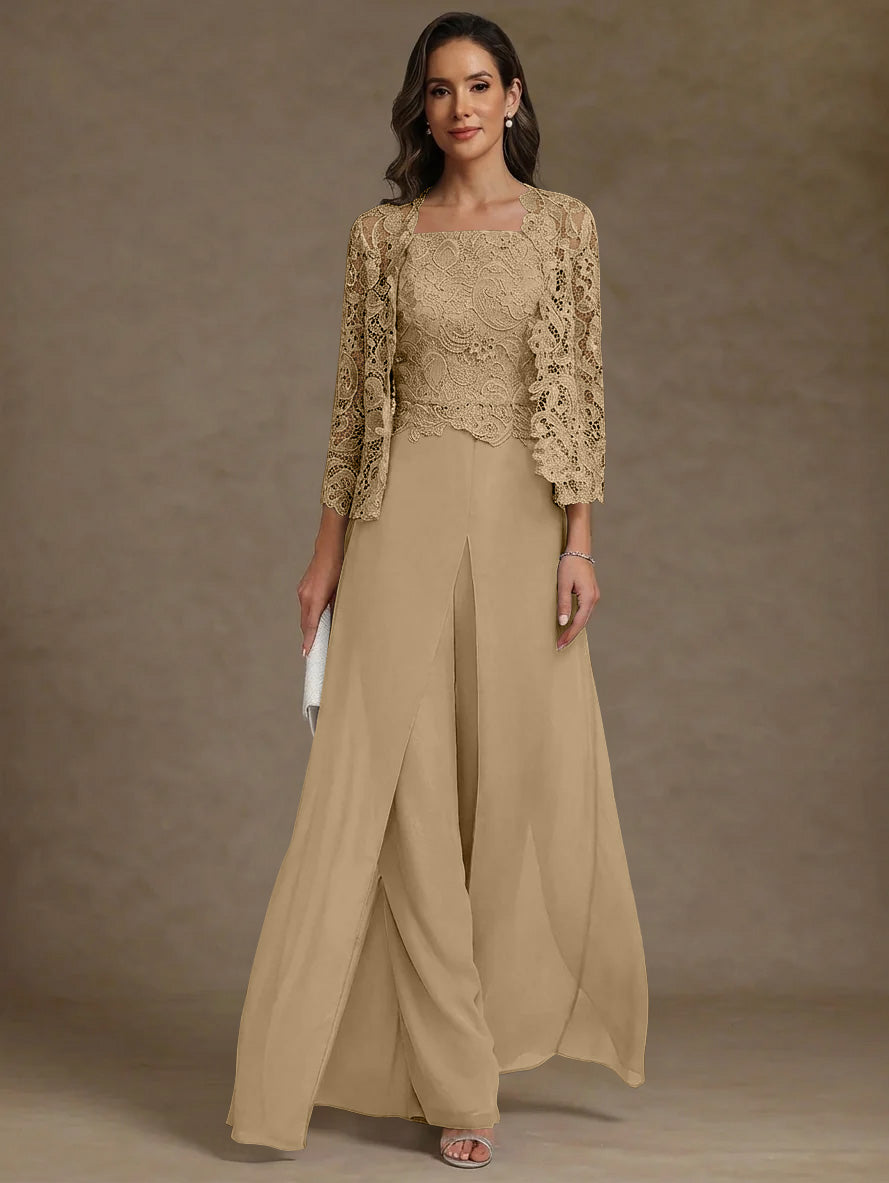 3 Pieces Square Collar Chiffon Mother Of The Bride Pantsuits With Jacket Lace Ankle Length With Overskirt 3 4 Sleeves