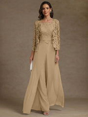 3 Pieces Square Collar Chiffon Mother of the Bride Pantsuits with Jacket Lace Ankle-Length with Overskirt 3/4 Sleeves