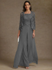 3 Pieces Square Collar Chiffon Mother Of The Bride Pantsuits With Jacket Lace Ankle Length With Overskirt 3 4 Sleeves