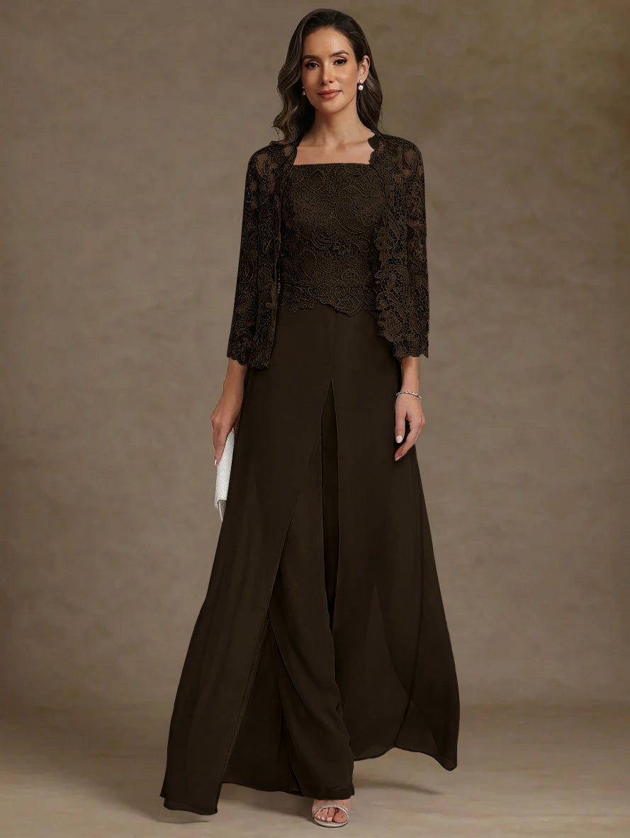 3 Pieces Square Collar Chiffon Mother Of The Bride Pantsuits With Jacket Lace Ankle Length With Overskirt 3 4 Sleeves