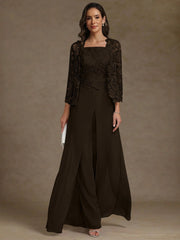 3 Pieces Square Collar Chiffon Mother Of The Bride Pantsuits With Jacket Lace Ankle Length With Overskirt 3 4 Sleeves