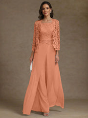 3 Pieces Square Collar Chiffon Mother Of The Bride Pantsuits With Jacket Lace Ankle Length With Overskirt 3 4 Sleeves