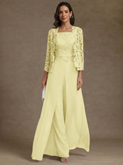 3 Pieces Square Collar Chiffon Mother Of The Bride Pantsuits With Jacket Lace Ankle Length With Overskirt 3 4 Sleeves