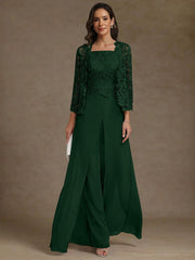 3 Pieces Square Collar Chiffon Mother Of The Bride Pantsuits With Jacket Lace Ankle Length With Overskirt 3 4 Sleeves