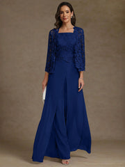 3 Pieces Square Collar Chiffon Mother Of The Bride Pantsuits With Jacket Lace Ankle Length With Overskirt 3 4 Sleeves