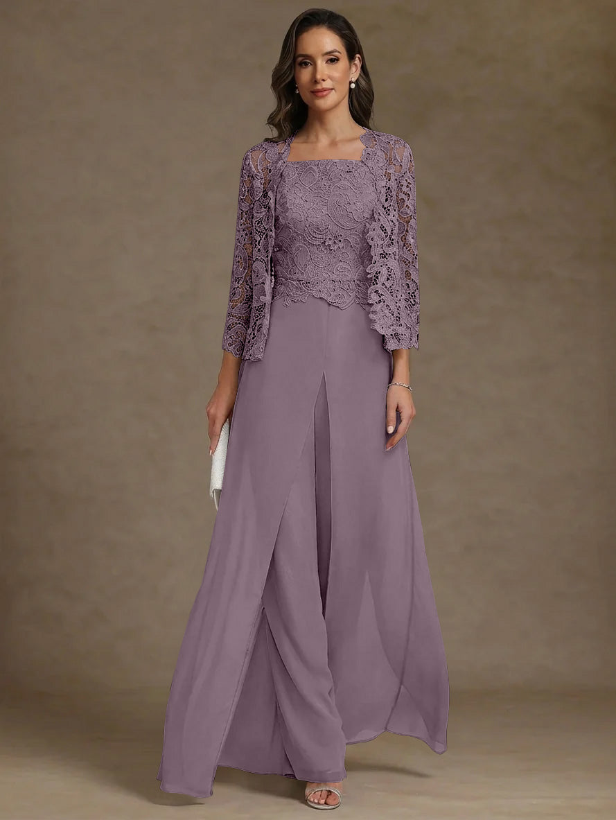 3 Pieces Square Collar Chiffon Mother Of The Bride Pantsuits With Jacket Lace Ankle Length With Overskirt 3 4 Sleeves