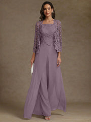 3 Pieces Square Collar Chiffon Mother Of The Bride Pantsuits With Jacket Lace Ankle Length With Overskirt 3 4 Sleeves