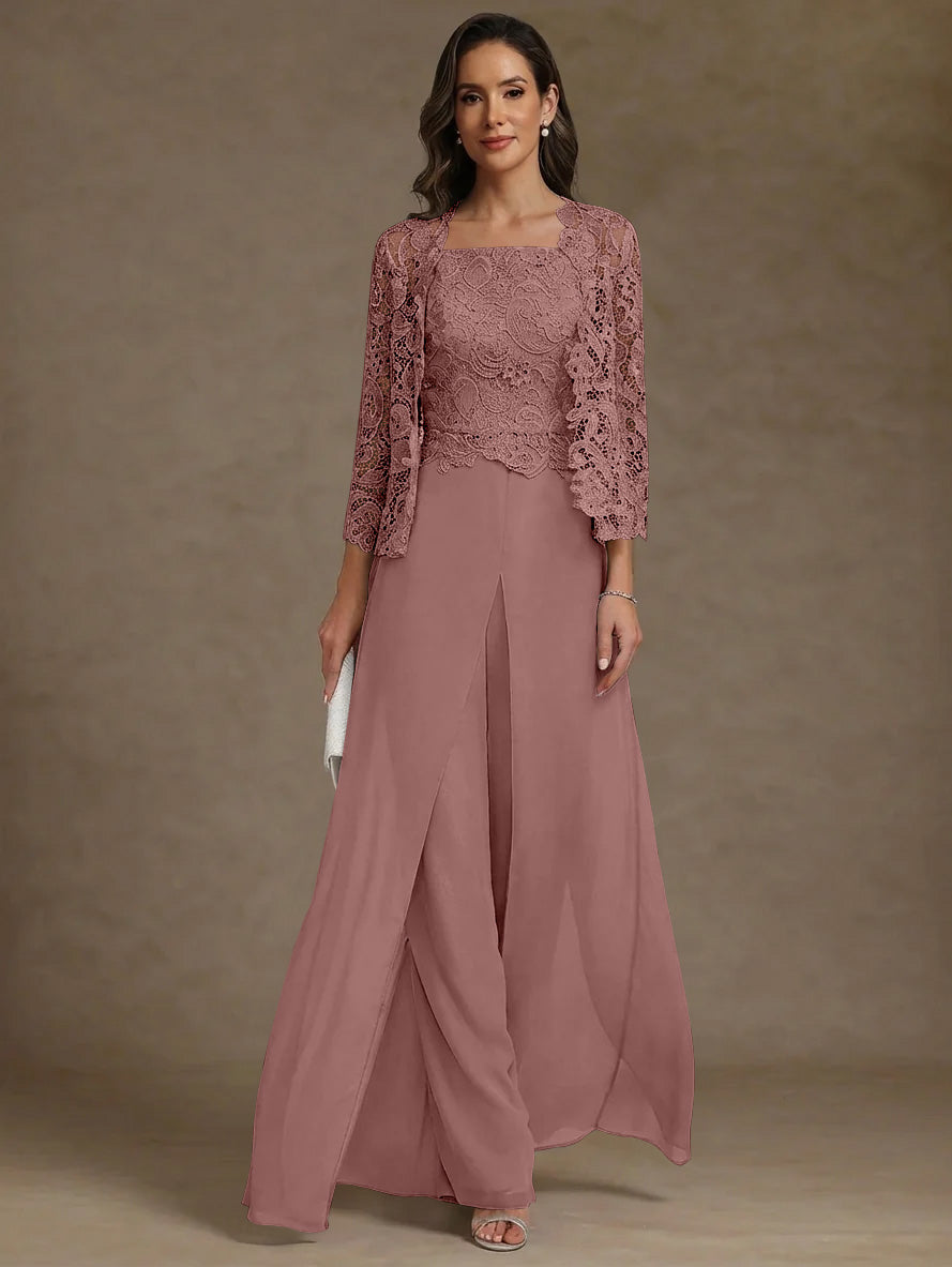 3 Pieces Square Collar Chiffon Mother Of The Bride Pantsuits With Jacket Lace Ankle Length With Overskirt 3 4 Sleeves