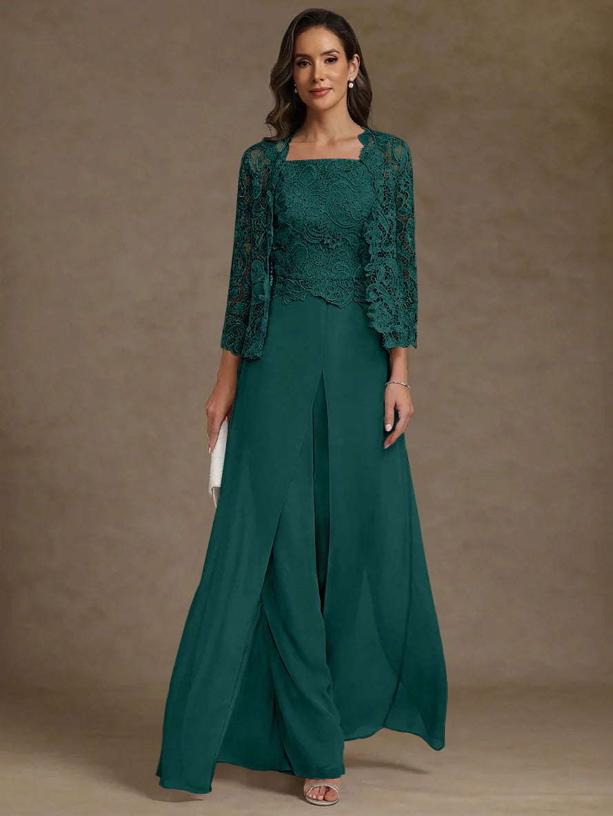 3 Pieces Square Collar Chiffon Mother Of The Bride Pantsuits With Jacket Lace Ankle Length With Overskirt 3 4 Sleeves