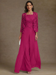3 Pieces Square Collar Chiffon Mother Of The Bride Pantsuits With Jacket Lace Ankle Length With Overskirt 3 4 Sleeves