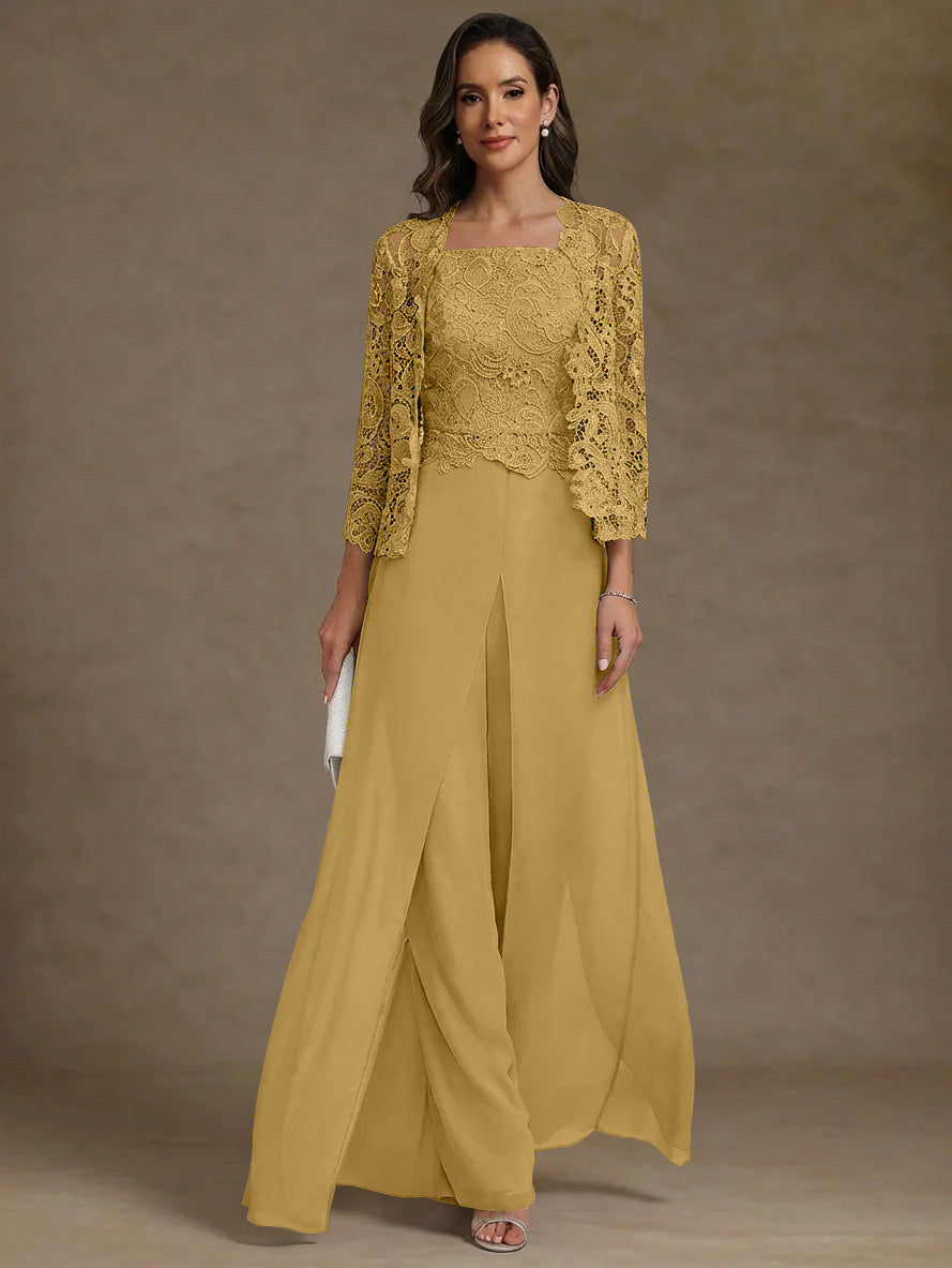 3 Pieces Square Collar Chiffon Mother Of The Bride Pantsuits With Jacket Lace Ankle Length With Overskirt 3 4 Sleeves