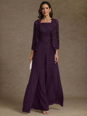 3 Pieces Square Collar Chiffon Mother of the Bride Pantsuits with Jacket Lace Ankle-Length with Overskirt 3/4 Sleeves