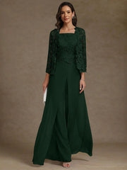 3 Pieces Square Collar Chiffon Mother Of The Bride Pantsuits With Jacket Lace Ankle Length With Overskirt 3 4 Sleeves