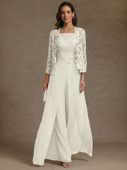3 Pieces Square Collar Chiffon Mother Of The Bride Pantsuits With Jacket Lace Ankle Length With Overskirt 3 4 Sleeves