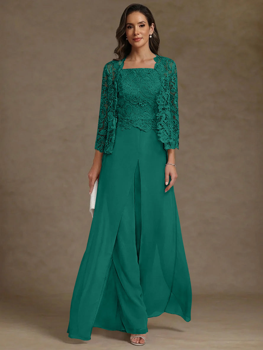 3 Pieces Square Collar Chiffon Mother Of The Bride Pantsuits With Jacket Lace Ankle Length With Overskirt 3 4 Sleeves