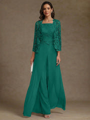 3 Pieces Square Collar Chiffon Mother Of The Bride Pantsuits With Jacket Lace Ankle Length With Overskirt 3 4 Sleeves