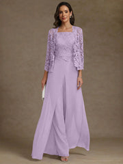 3 Pieces Square Collar Chiffon Mother Of The Bride Pantsuits With Jacket Lace Ankle Length With Overskirt 3 4 Sleeves