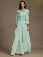 3 Pieces Square Collar Chiffon Mother Of The Bride Pantsuits With Jacket Lace Ankle Length With Overskirt 3 4 Sleeves