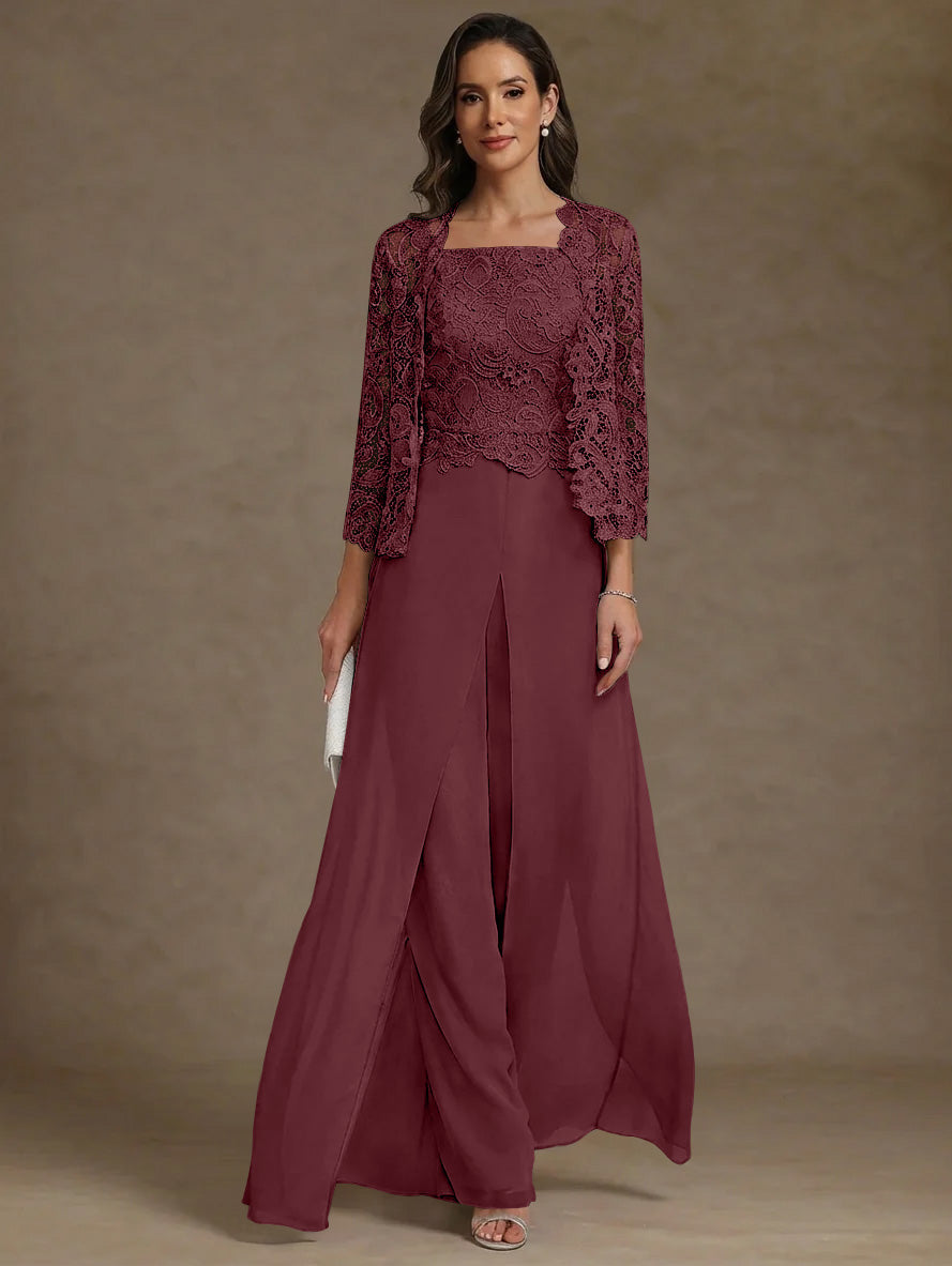 3 Pieces Square Collar Chiffon Mother Of The Bride Pantsuits With Jacket Lace Ankle Length With Overskirt 3 4 Sleeves
