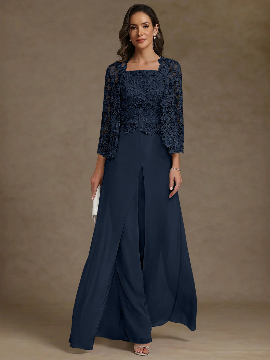 3 Pieces Square Collar Chiffon Mother Of The Bride Pantsuits With Jacket Lace Ankle Length With Overskirt 3 4 Sleeves