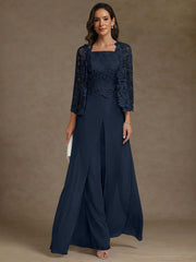 3 Pieces Square Collar Chiffon Mother Of The Bride Pantsuits With Jacket Lace Ankle Length With Overskirt 3 4 Sleeves