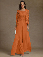 3 Pieces Square Collar Chiffon Mother Of The Bride Pantsuits With Jacket Lace Ankle Length With Overskirt 3 4 Sleeves