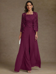 3 Pieces Square Collar Chiffon Mother of the Bride Pantsuits with Jacket Lace Ankle-Length with Overskirt 3/4 Sleeves