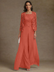 3 Pieces Square Collar Chiffon Mother Of The Bride Pantsuits With Jacket Lace Ankle Length With Overskirt 3 4 Sleeves