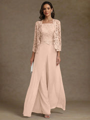 3 Pieces Square Collar Chiffon Mother of the Bride Pantsuits with Jacket Lace Ankle-Length with Overskirt 3/4 Sleeves