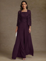3 Pieces Square Collar Chiffon Mother of the Bride Pantsuits with Jacket Lace Ankle-Length with Overskirt 3/4 Sleeves