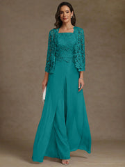 3 Pieces Square Collar Chiffon Mother Of The Bride Pantsuits With Jacket Lace Ankle Length With Overskirt 3 4 Sleeves