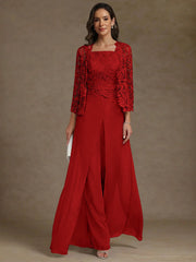 3 Pieces Square Collar Chiffon Mother of the Bride Pantsuits with Jacket Lace Ankle-Length with Overskirt 3/4 Sleeves