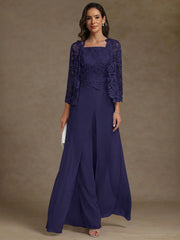 3 Pieces Square Collar Chiffon Mother of the Bride Pantsuits with Jacket Lace Ankle-Length with Overskirt 3/4 Sleeves