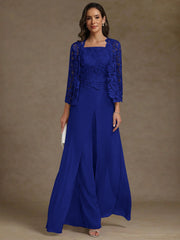 3 Pieces Square Collar Chiffon Mother of the Bride Pantsuits with Jacket Lace Ankle-Length with Overskirt 3/4 Sleeves