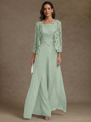 3 Pieces Square Collar Chiffon Mother Of The Bride Pantsuits With Jacket Lace Ankle Length With Overskirt 3 4 Sleeves