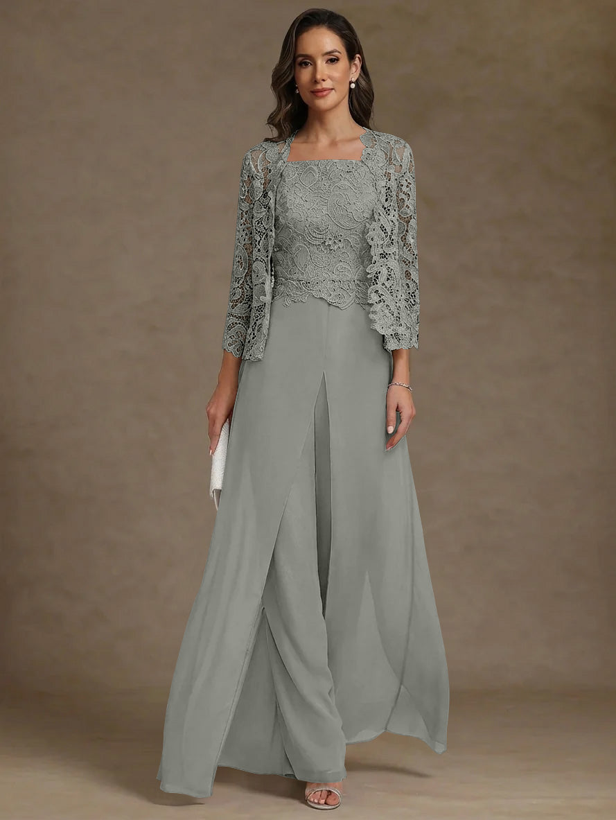 3 Pieces Square Collar Chiffon Mother Of The Bride Pantsuits With Jacket Lace Ankle Length With Overskirt 3 4 Sleeves