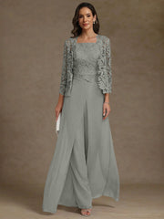3 Pieces Square Collar Chiffon Mother of the Bride Pantsuits with Jacket Lace Ankle-Length with Overskirt 3/4 Sleeves